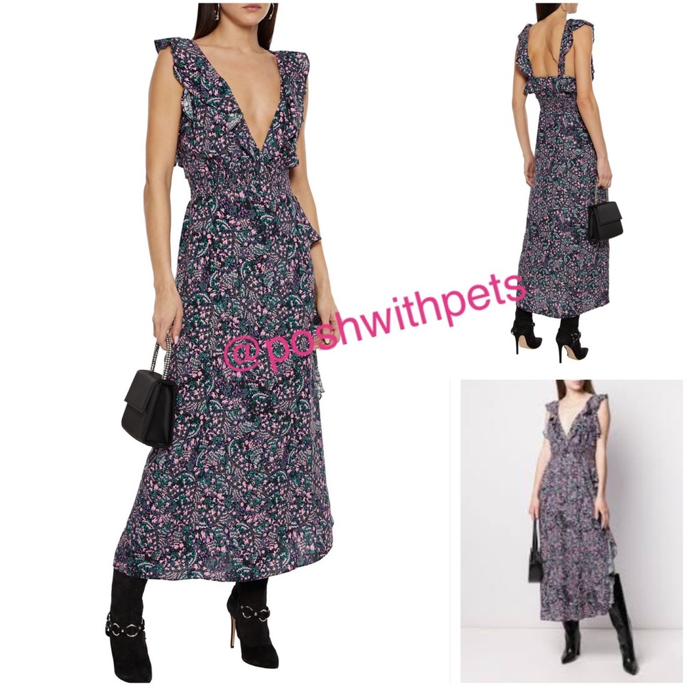 IRO NWT Santu Ruffled Shirred Crepe De Chine Maxi Dress Black Pink Green New